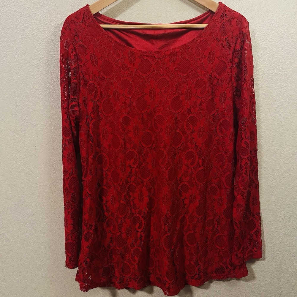 Red‎ Lace Long Sleeve Top Sheer Lined Vamp Whimsygoth Rock Edgy Size XL/ 1X